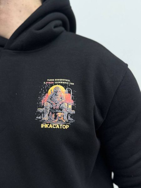 Худи на флисе, Черный, L, Зима. На флисе, З 2 принтами