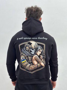 Худи на флисе, Черный, S, Зима. На флисе, З 2 принтами