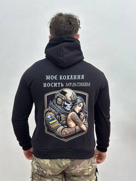 Худи на флисе, Черный, S, Зима. На флисе, З 2 принтами